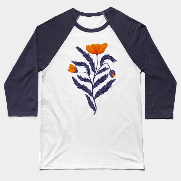 Poppy Flower 1 Orange Blue Baseball T-Shirt by DenesAnnaDesign